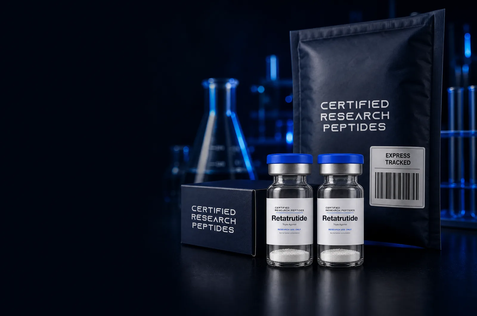 Certified Research Peptides vials in front of a product box and a padded mailer