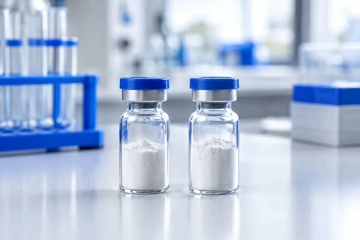 Two sealed glass vials of white freeze-dried peptide powder side by side on a laboratory bench