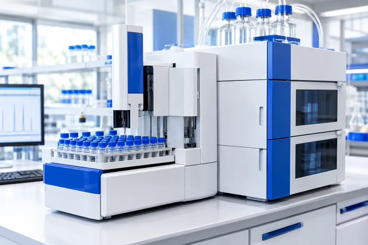 Ion chromatography system with an autosampler tray of small vials in a laboratory