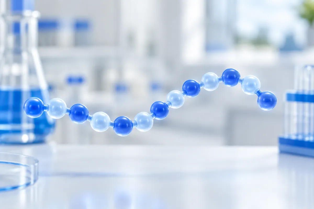 Abstract illustration of a short chain of glowing beads, one bead per amino acid residue