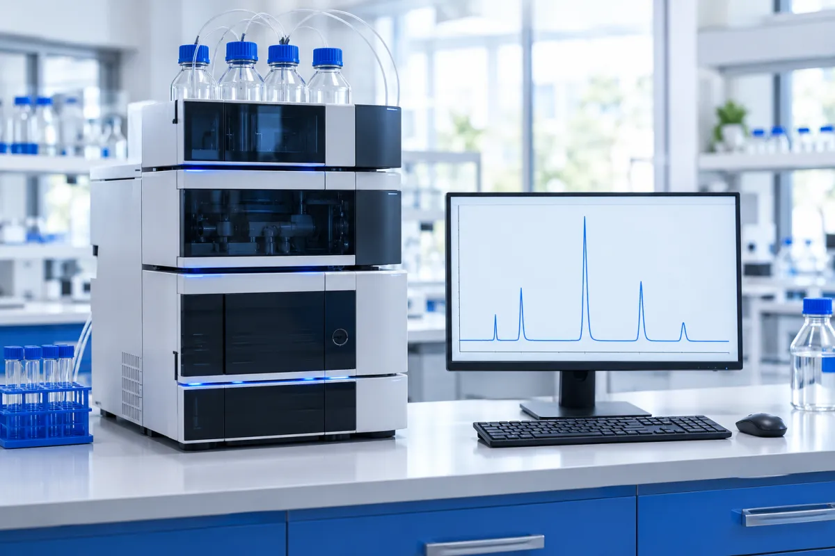 Laboratory monitor showing chromatogram peaks beside an HPLC system