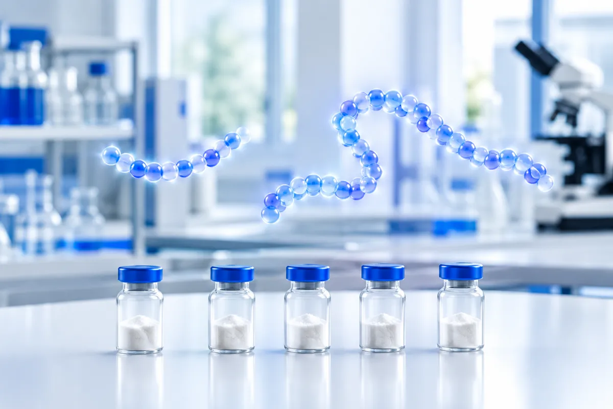 Two abstract peptide chains of glowing beads, one short and one longer, side by side above sealed vials of white powder