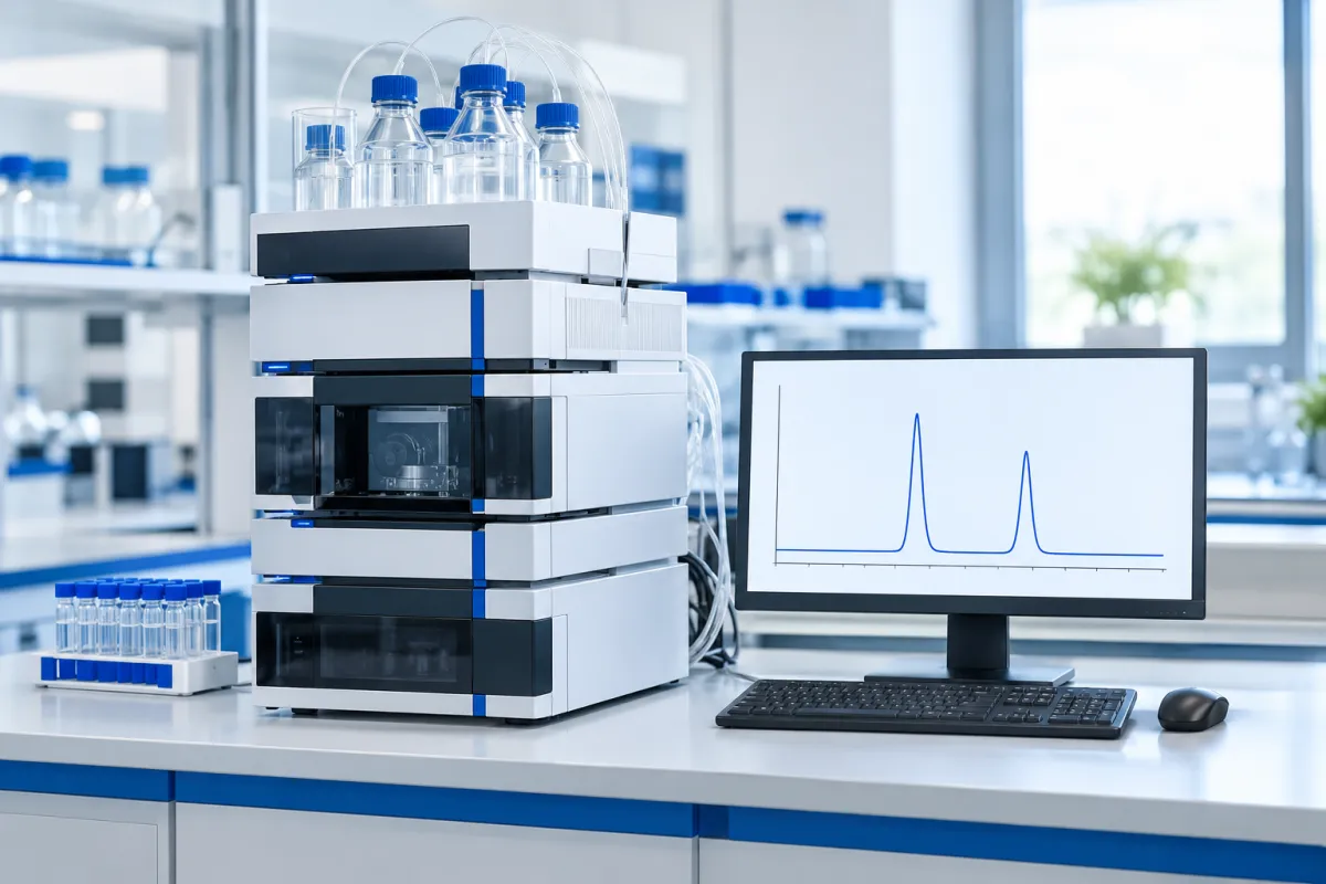 An HPLC system in a bright laboratory, with a chromatogram showing two separate peaks on the monitor