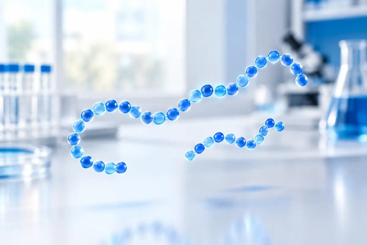 Two abstract peptide chains of glowing beads of different lengths, side by side