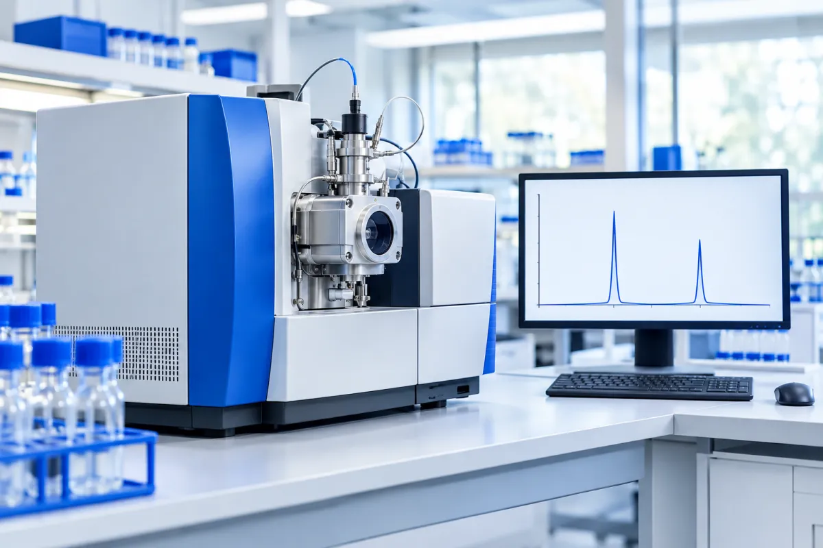 Mass spectrometer in a bright laboratory with two separate peaks on a nearby monitor