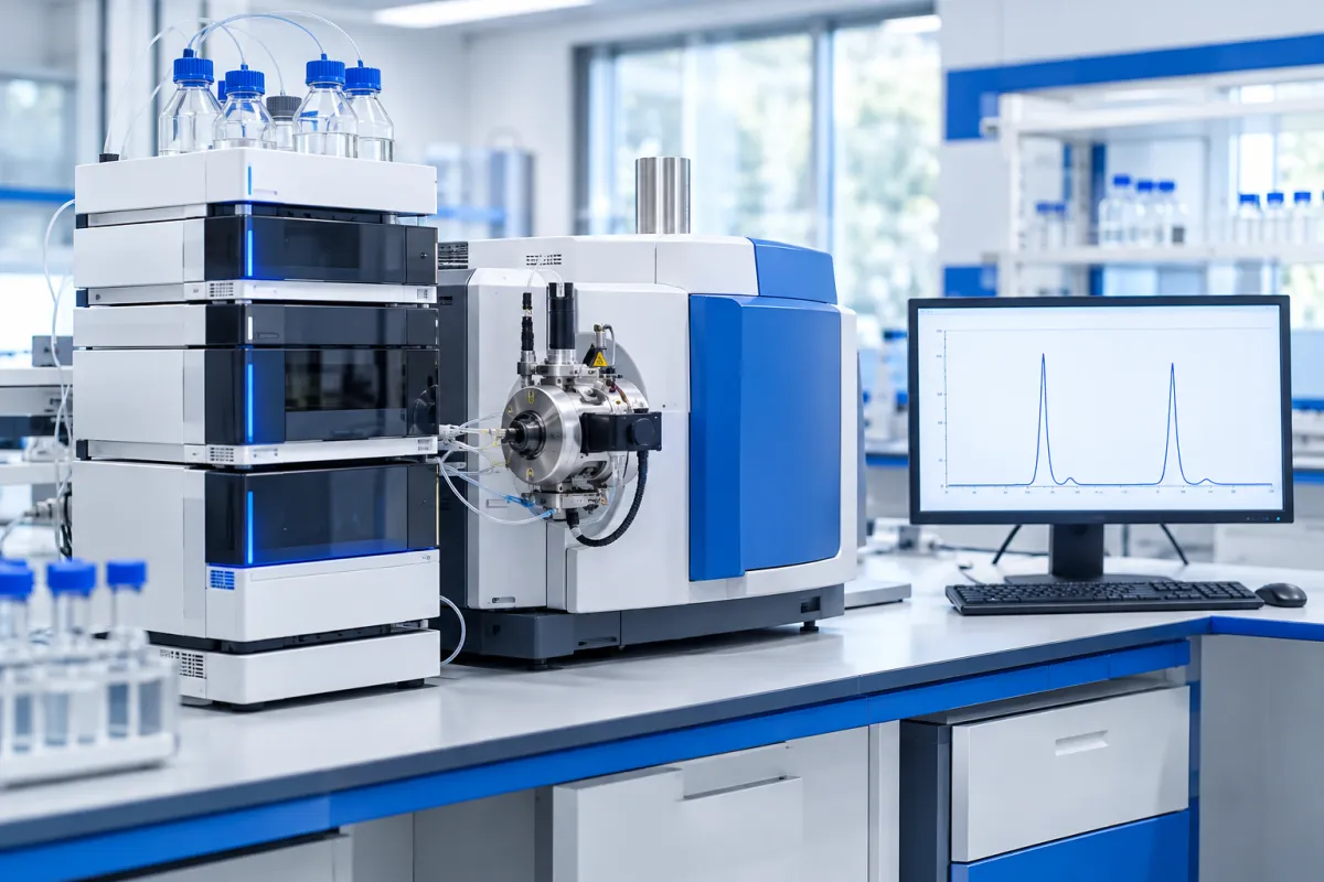 A mass spectrometer and liquid chromatography system with two well-separated peaks on a monitor