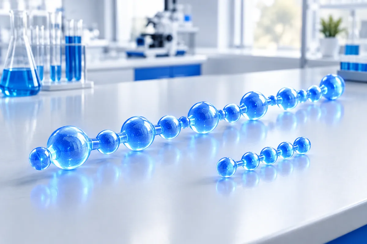 A long glowing bead chain beside a much shorter bead chain on a pale laboratory background