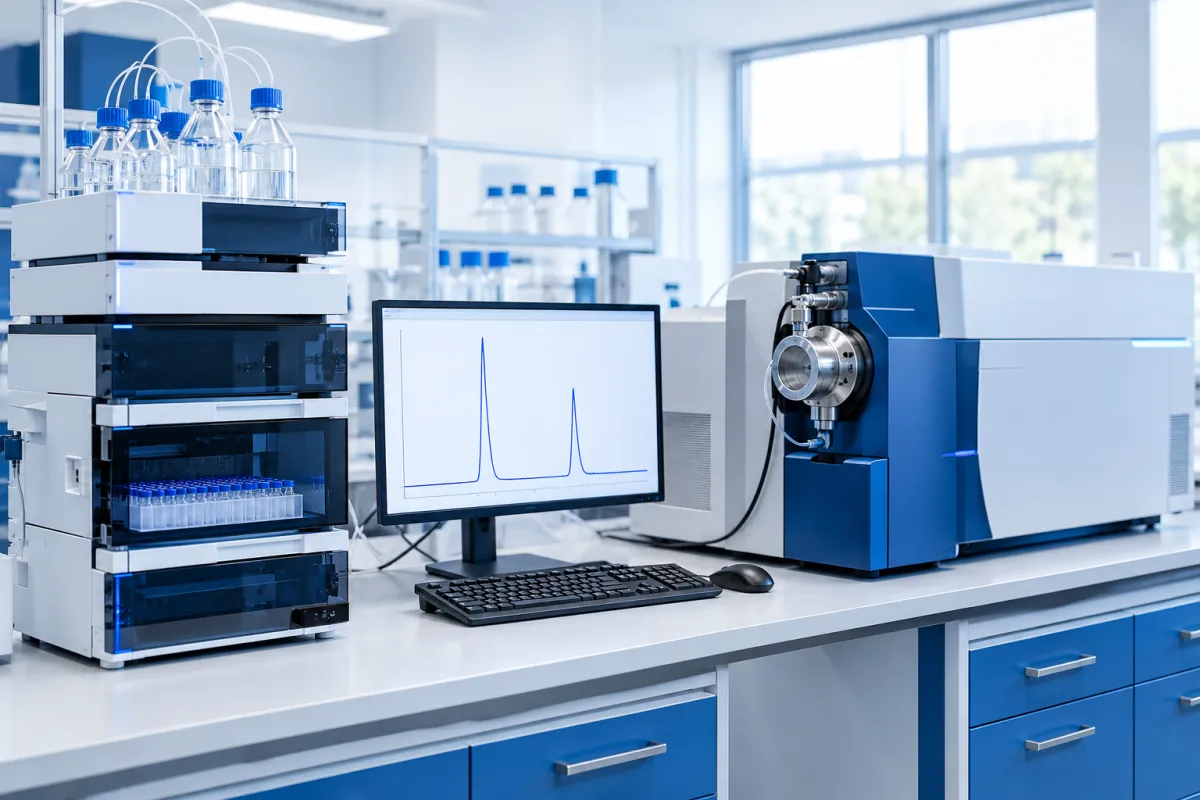 Liquid chromatography system beside a mass spectrometer, with a chromatogram showing two separate peaks on a monitor
