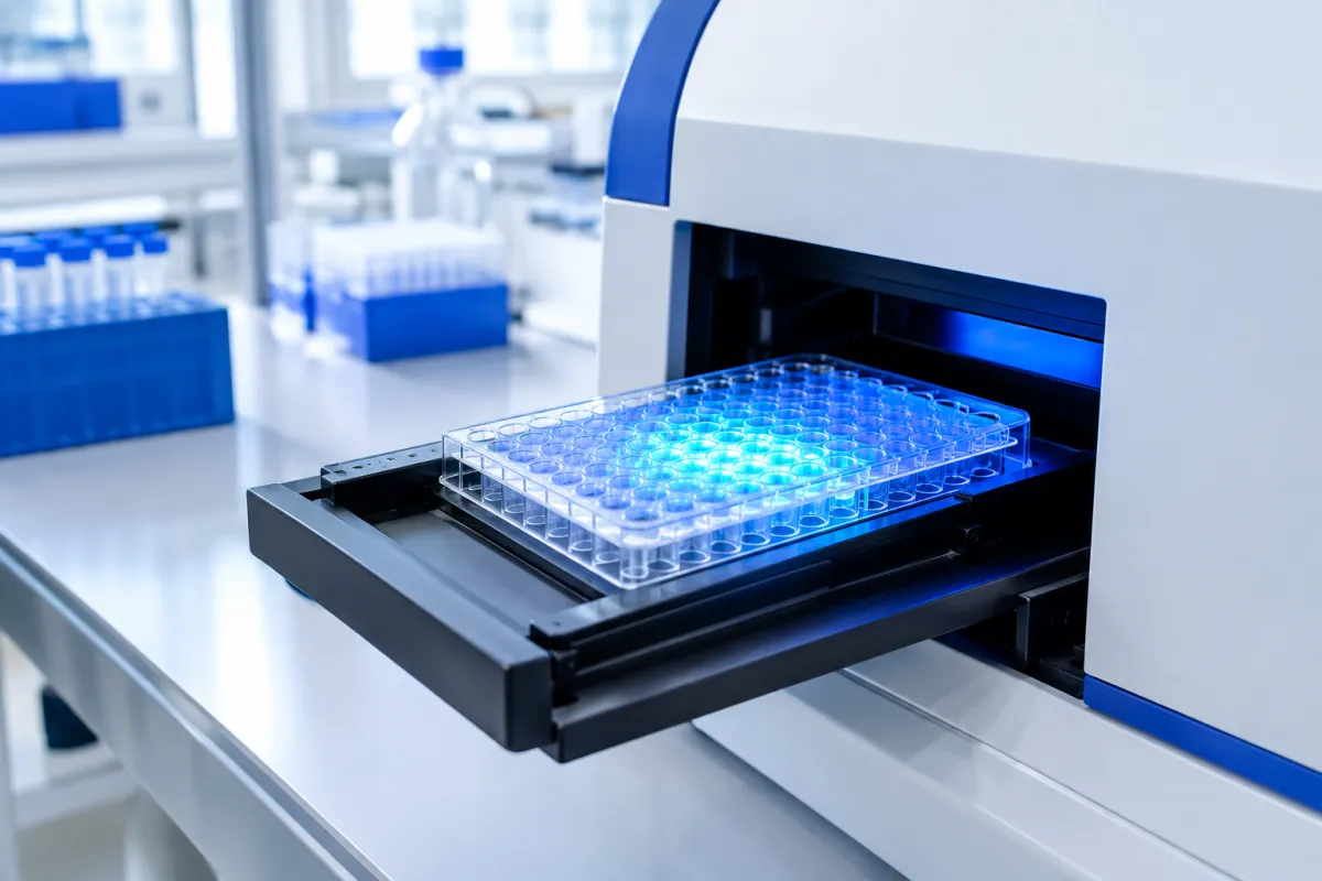 Microplate in a laboratory plate reader during an endotoxin assay