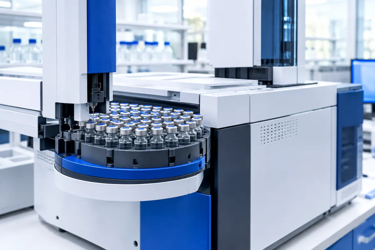 Gas chromatograph with a headspace autosampler holding rows of sealed vials