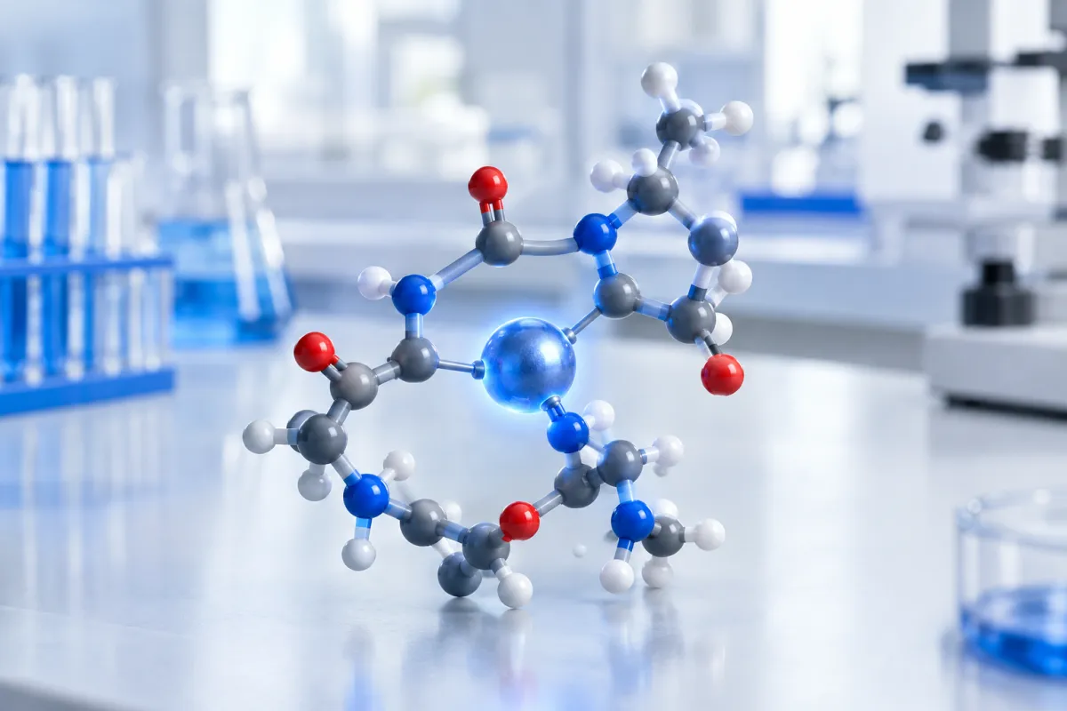 Abstract illustration of a short peptide chain holding a single metal ion