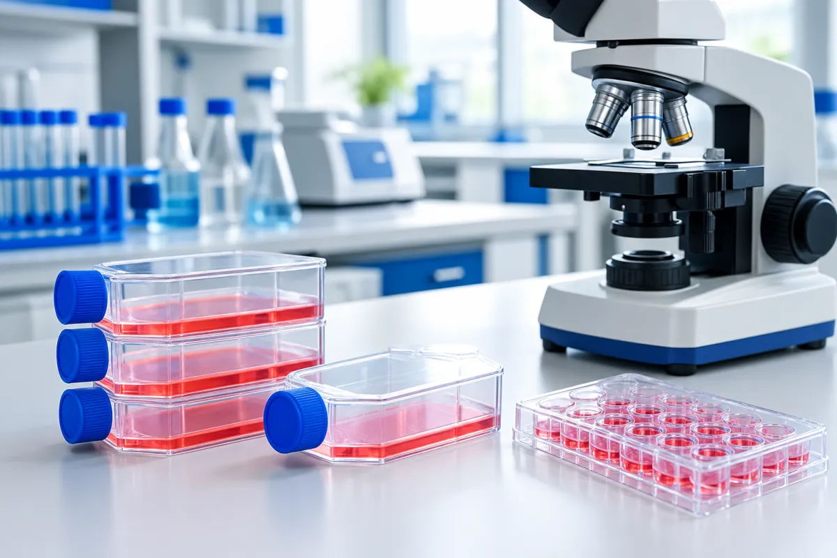 Cell-culture flasks and a multiwell plate beside a laboratory microscope