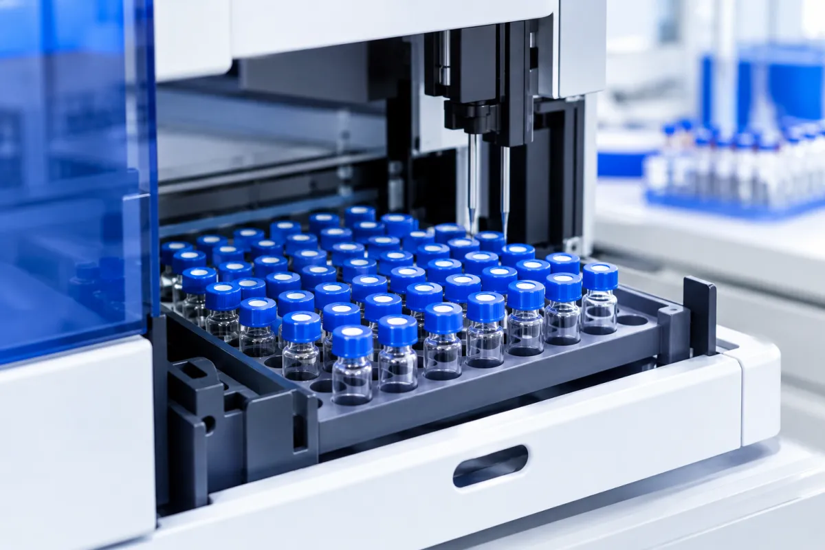 HPLC autosampler tray holding rows of small sample vials in a laboratory