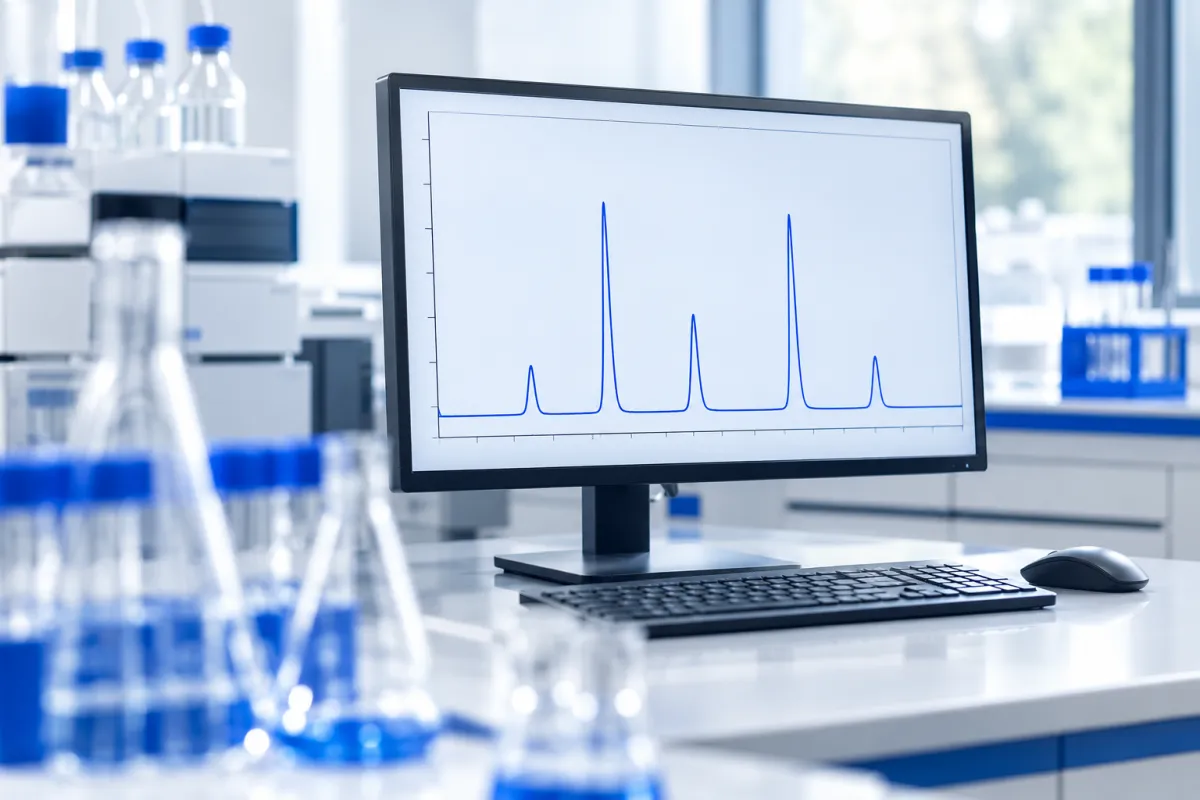 Laboratory monitor showing a chromatogram with several separate peaks