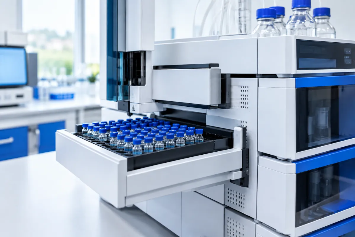 An HPLC system with an autosampler tray of small sealed sample vials on a laboratory bench
