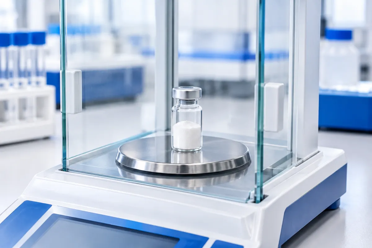 A sealed glass vial of white freeze-dried powder on an analytical balance