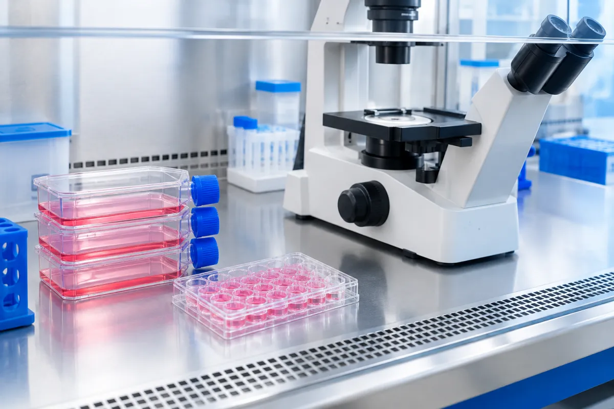Cell-culture flasks and a multiwell plate beside an inverted microscope