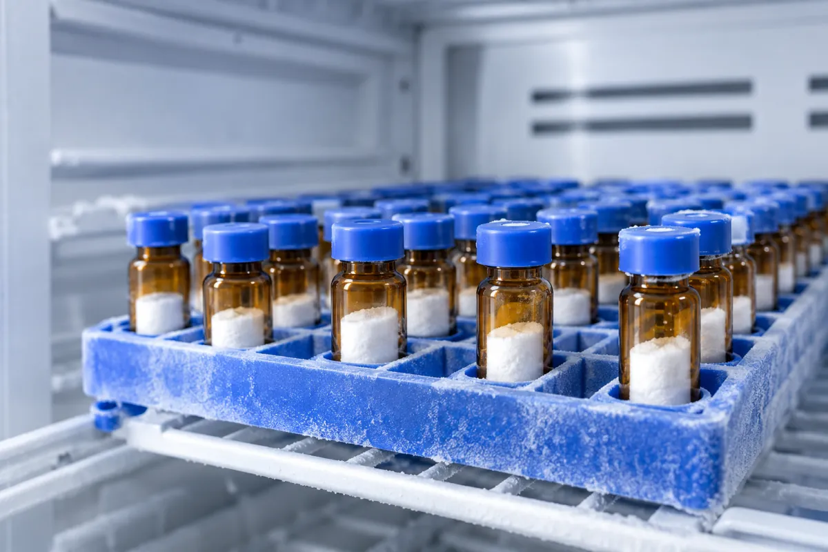 Amber glass vials of freeze-dried powder in a rack inside a laboratory freezer