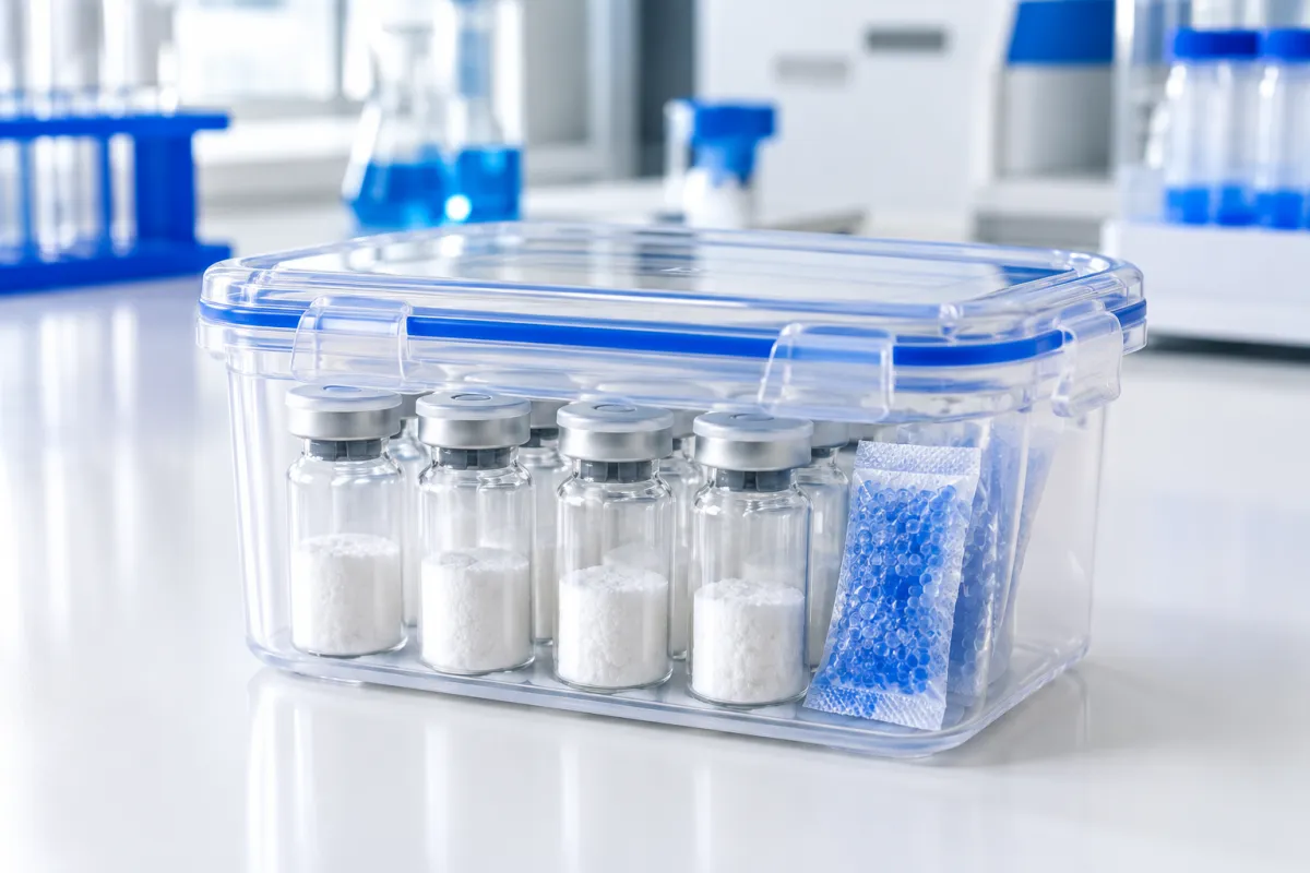 Sealed vials stored in an airtight container with silica gel desiccant