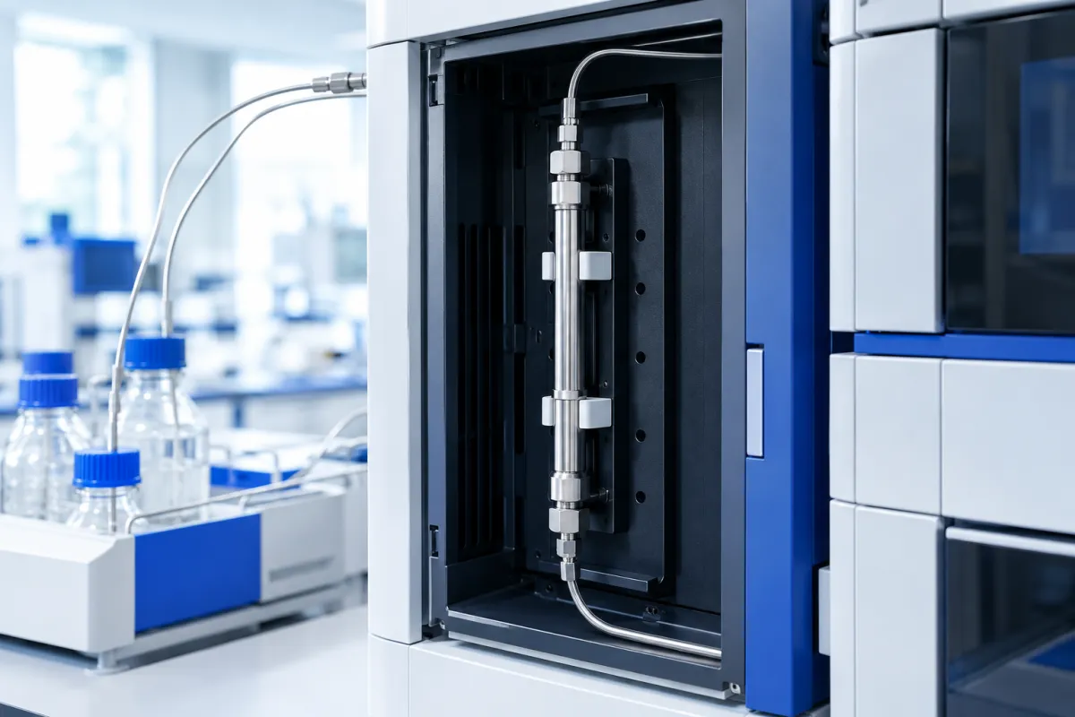 Close view of an HPLC column mounted in a column oven, connected by fine steel tubing