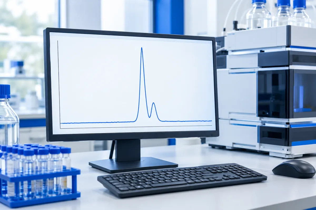 A monitor showing a chromatogram with one tall peak and a smaller peak partly overlapping its shoulder