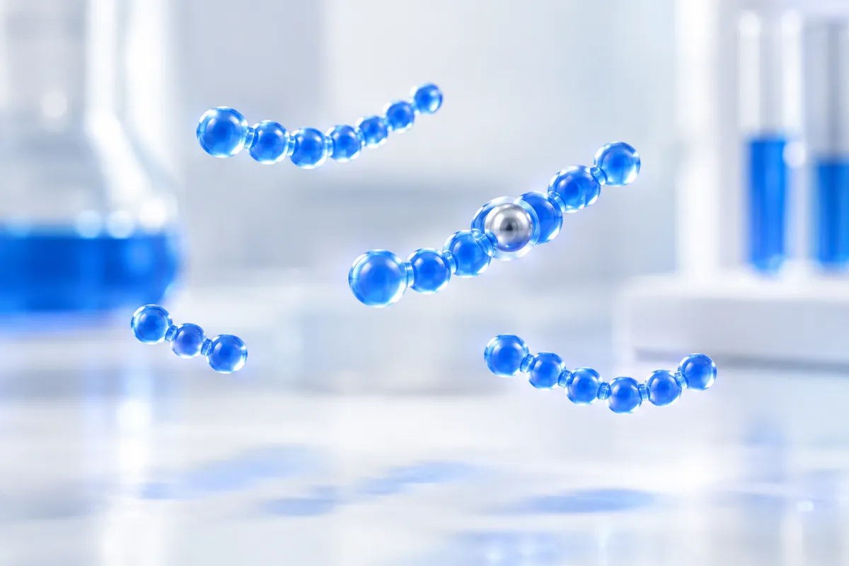 Abstract glowing chains of beads of different lengths, representing four peptides, one holding a small metal ion
