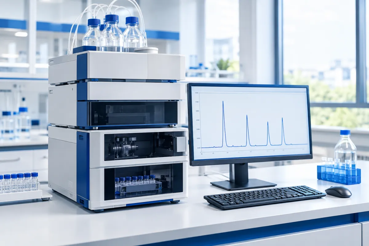 HPLC system in a bright laboratory with a monitor showing several separated chromatogram peaks