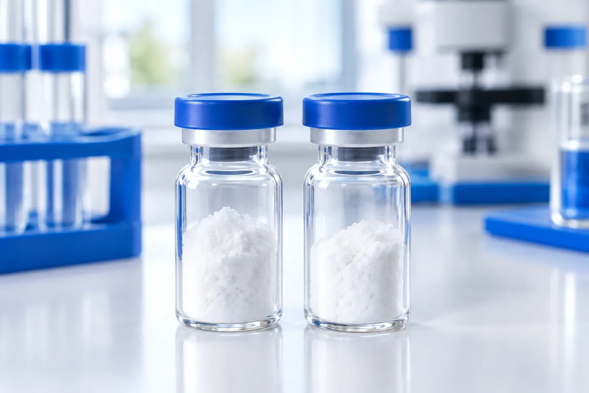 Two sealed glass vials of white freeze-dried powder side by side on a white laboratory bench