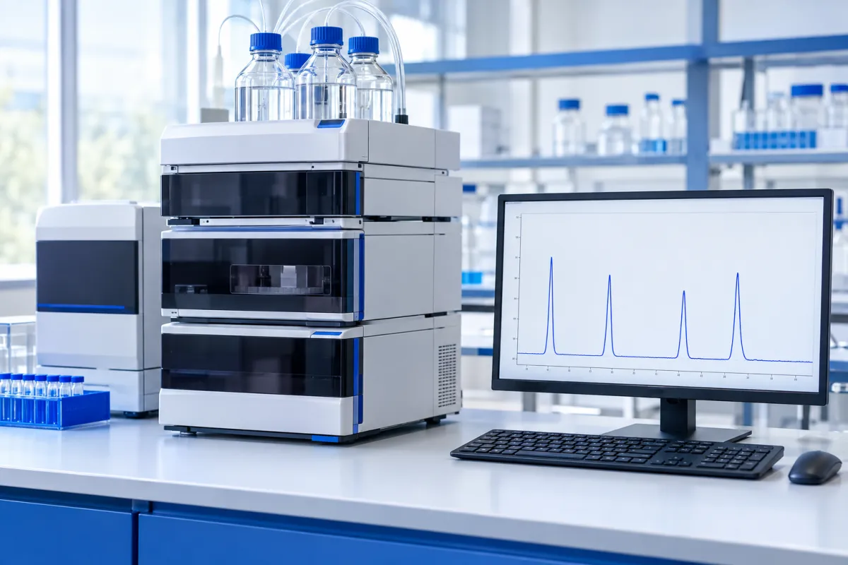 HPLC instrument beside a monitor showing a chromatogram with four separated peaks