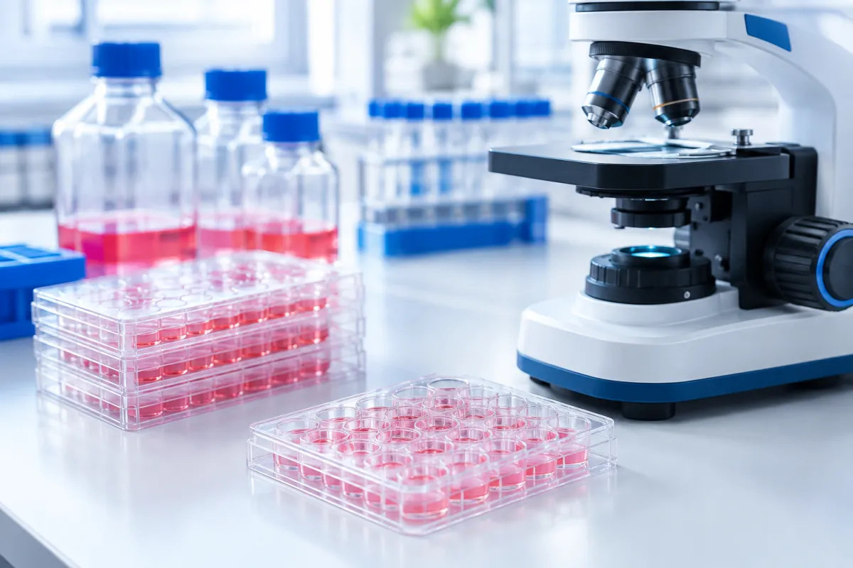 Cell-culture plates beside a laboratory microscope