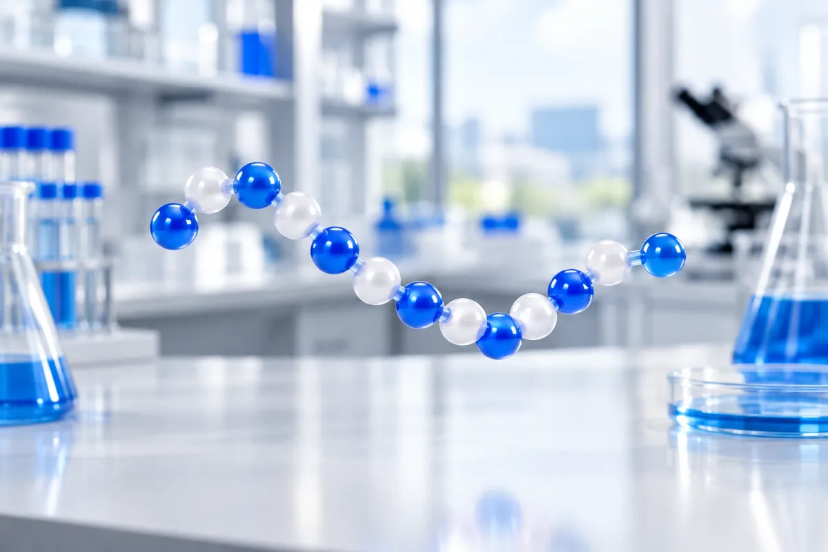 Glowing chain of sixteen linked beads representing a short peptide, suspended above a laboratory bench