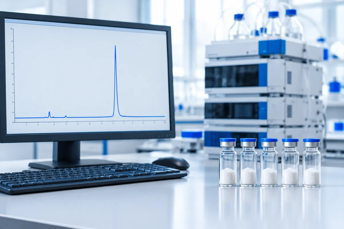 HPLC chromatogram with a single tall peak displayed on a laboratory monitor beside sealed vials of white powder
