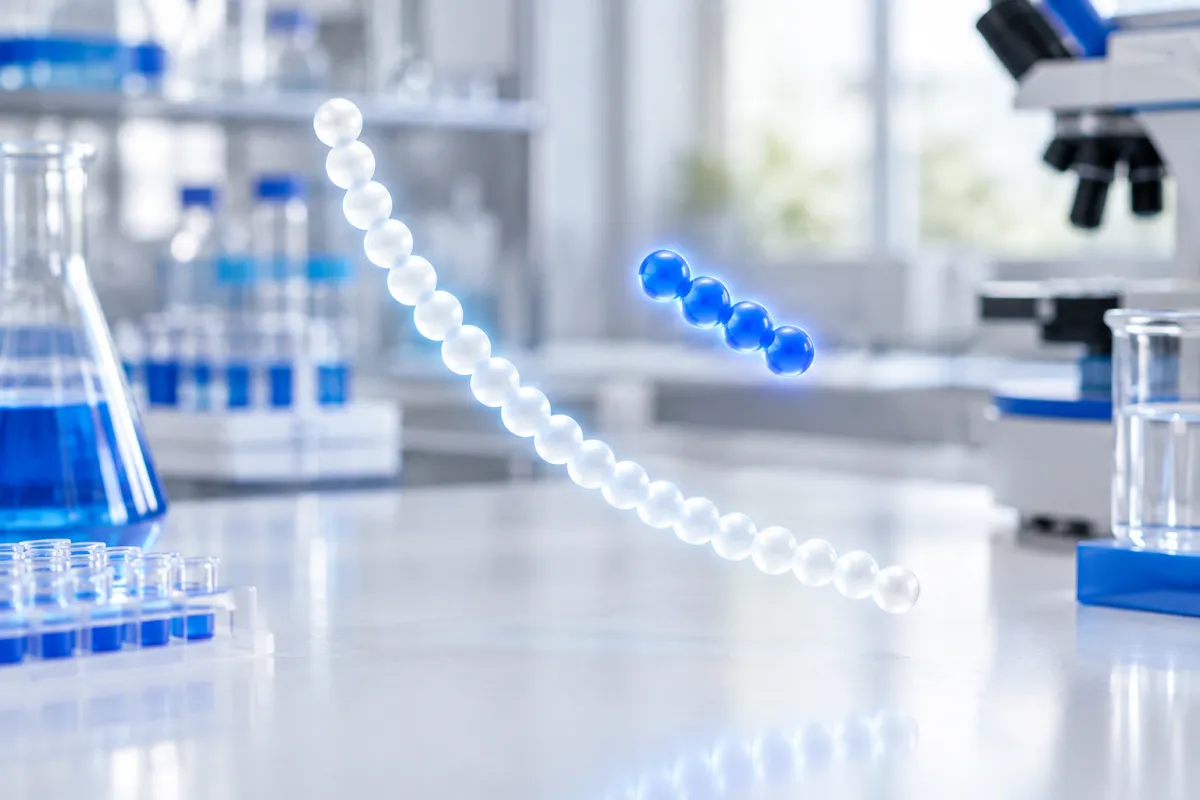 Two glowing bead chains side by side, one long and one very short, floating above a white laboratory bench