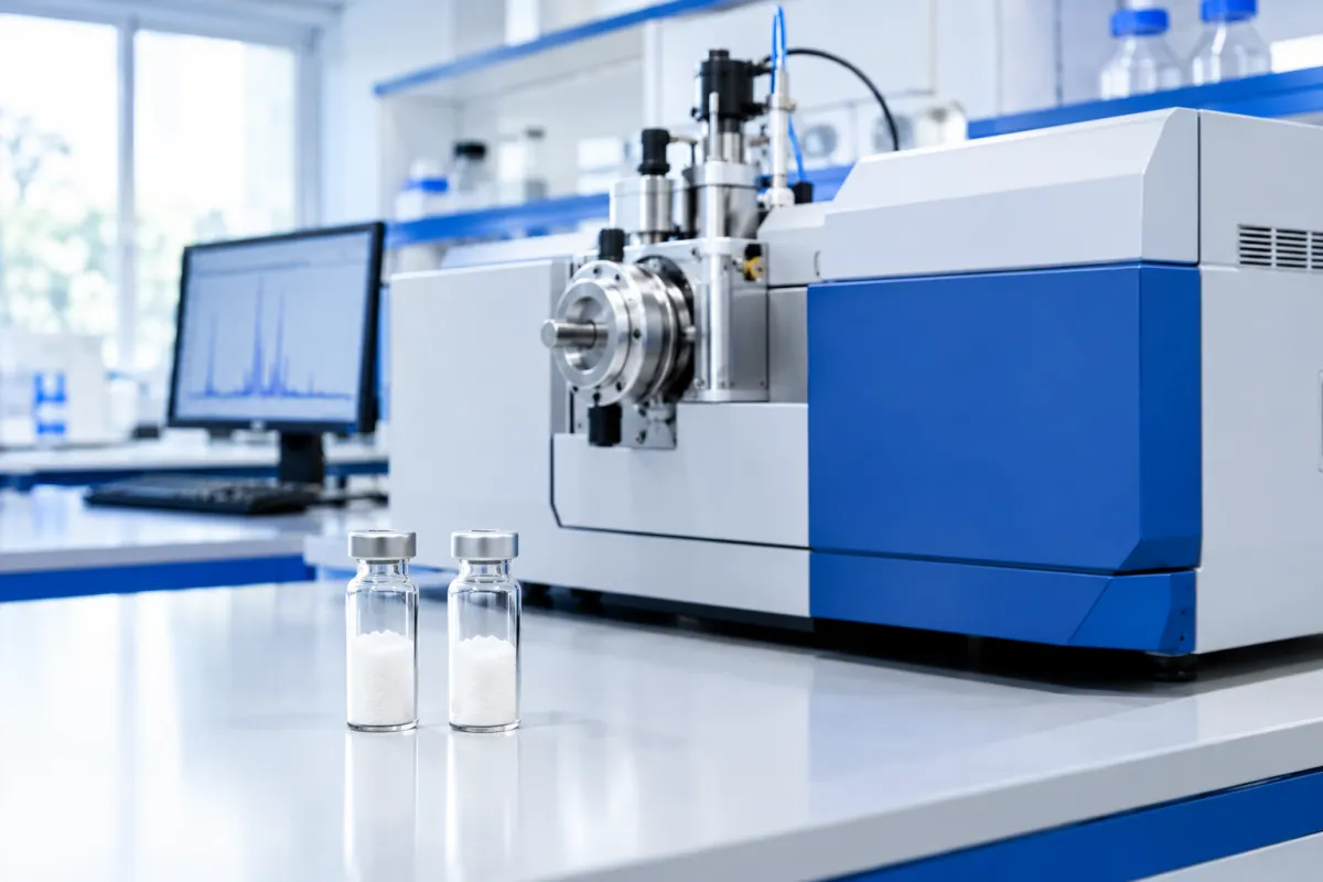 Mass spectrometer beside sealed glass vials of white freeze-dried powder in a bright laboratory