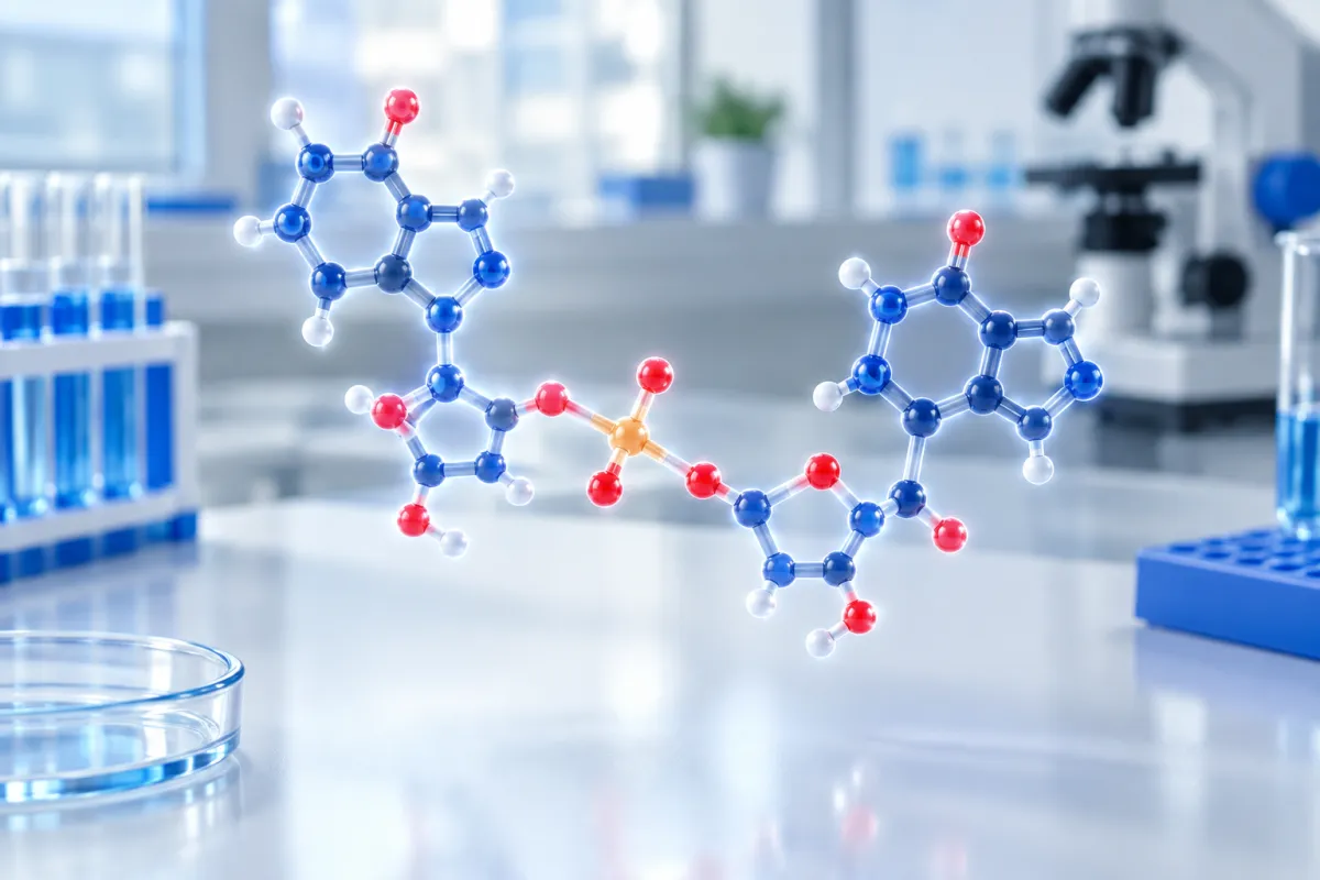 Abstract glowing molecular model of two ring-bearing nucleotide units joined by a phosphate bridge, floating above a laboratory bench