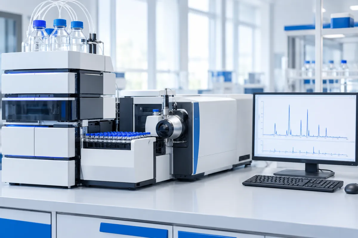Liquid chromatography-mass spectrometry instrument in a bright laboratory, with chromatogram peaks displayed on a monitor