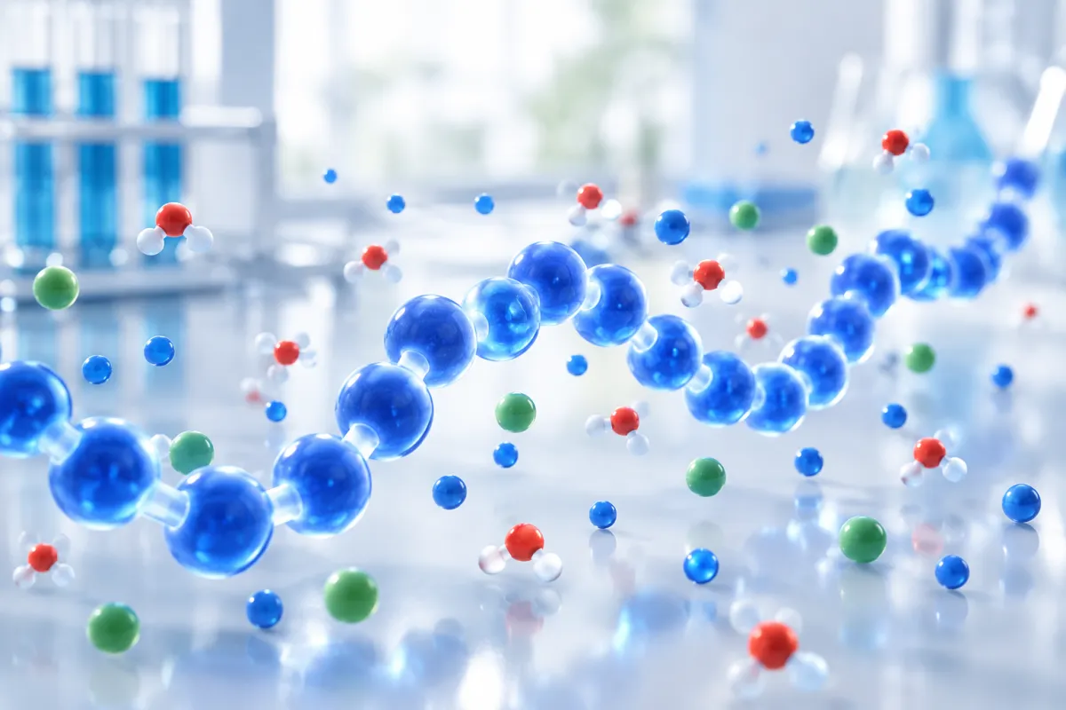 Abstract visualisation of a peptide chain as glowing beads surrounded by smaller spheres representing counter-ions and water molecules