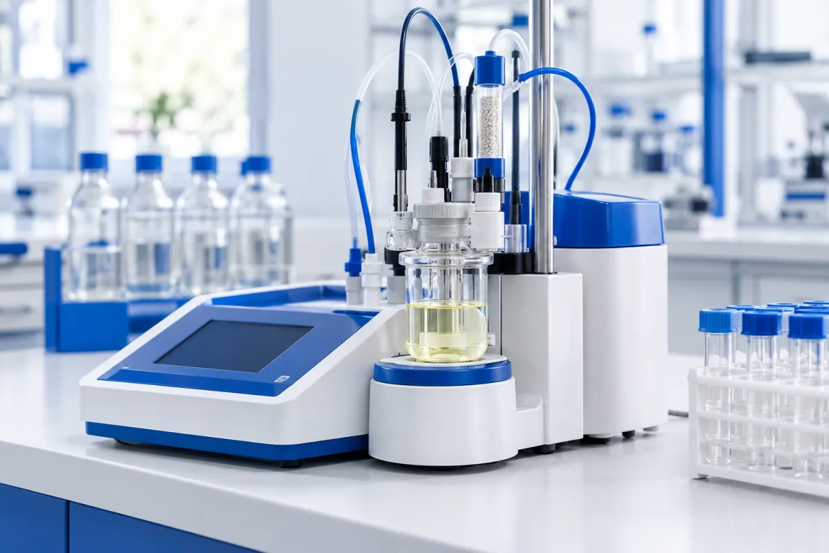 An automated Karl Fischer titration instrument with a small glass reaction vessel on a laboratory bench