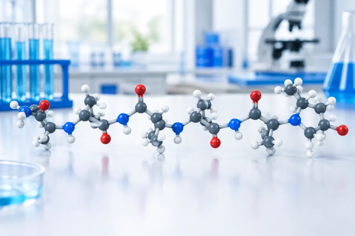 Abstract illustration of amino acids linked into a short peptide chain