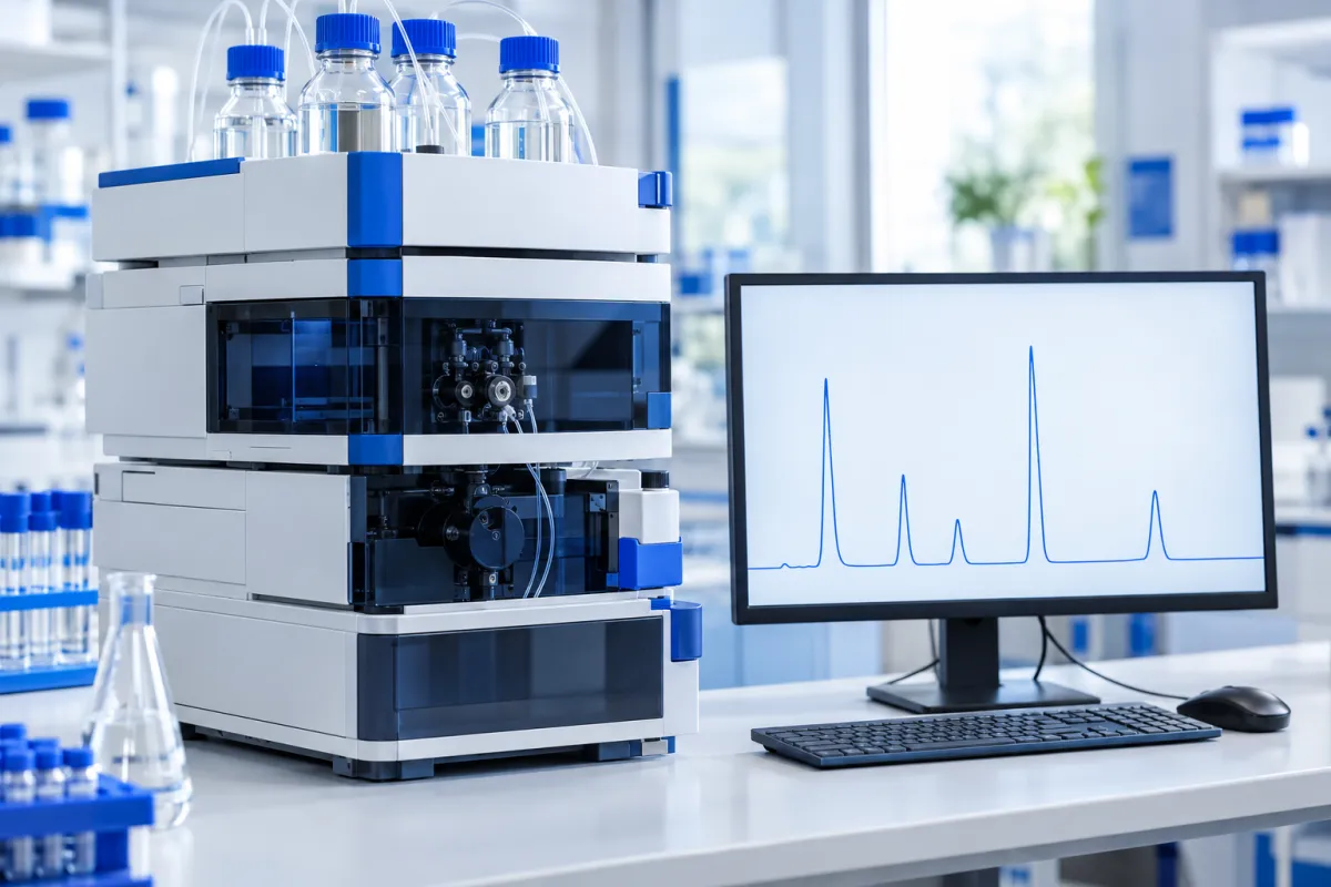 HPLC system beside a monitor showing chromatogram peaks