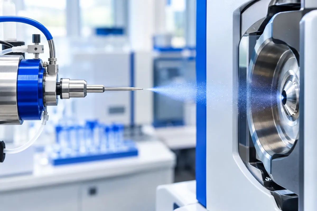 Electrospray source on a mass spectrometer producing a fine mist of charged droplets