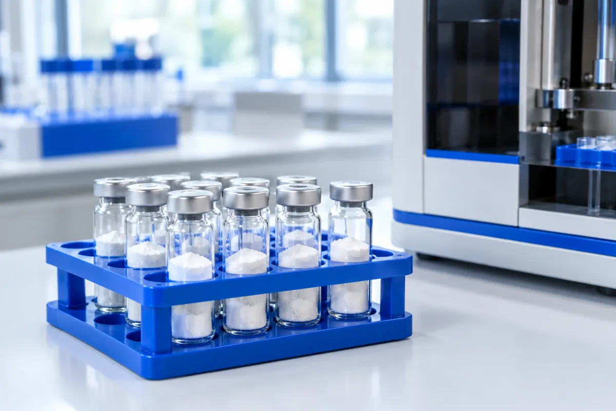 Laboratory bench with sealed vials of white freeze-dried powder in a rack beside an analytical instrument