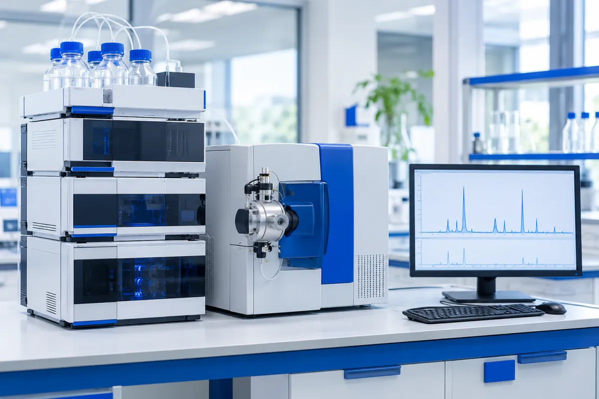 Liquid chromatography mass spectrometry system with chromatogram peaks on a monitor