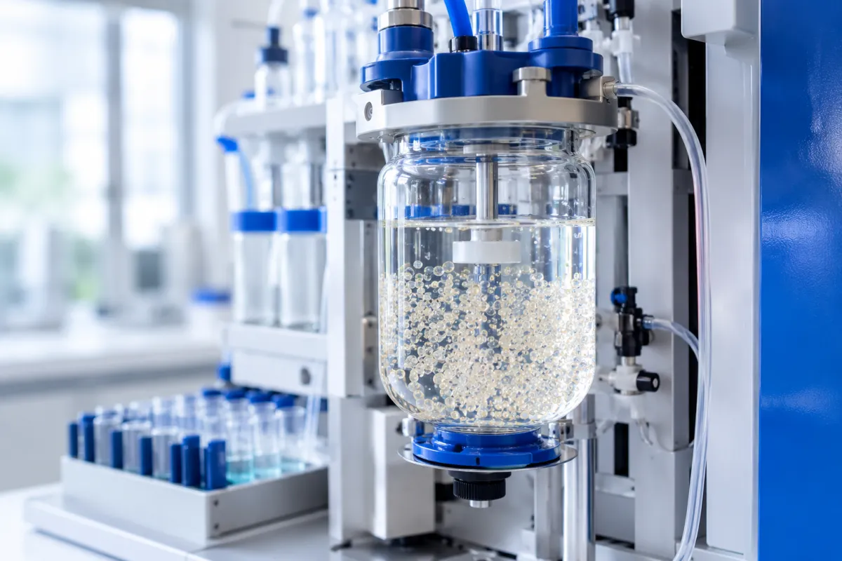 Translucent resin beads suspended in solvent inside a glass reaction vessel on an automated peptide synthesiser
