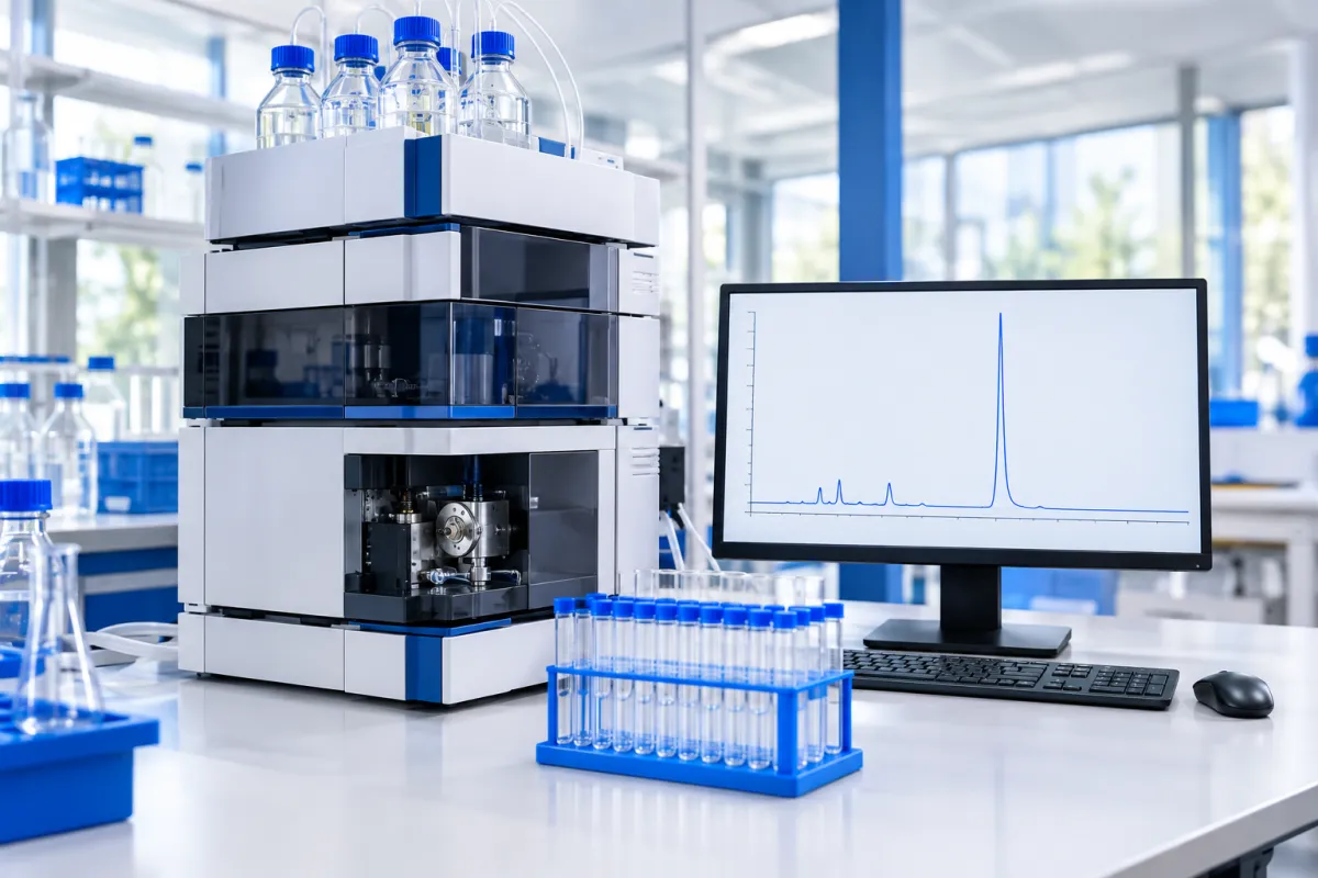 Preparative HPLC system in a bright laboratory, with a chromatogram showing one tall peak and several small peaks on the monitor