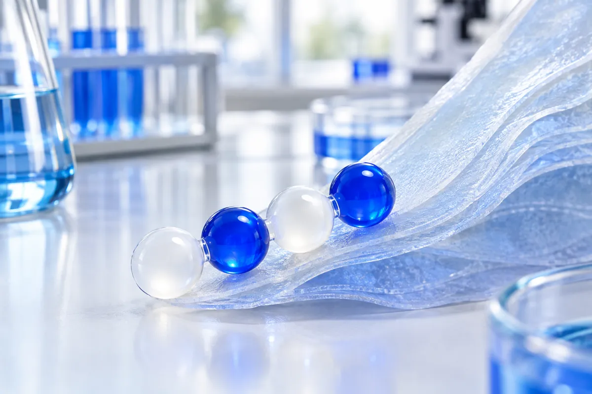 Short chain of four glowing beads in white and cobalt blue resting against a translucent layered membrane