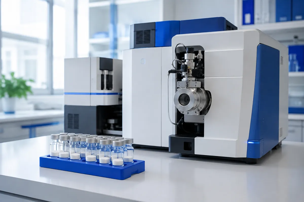 Mass spectrometer and sealed vials of white freeze-dried powder on a bright laboratory bench
