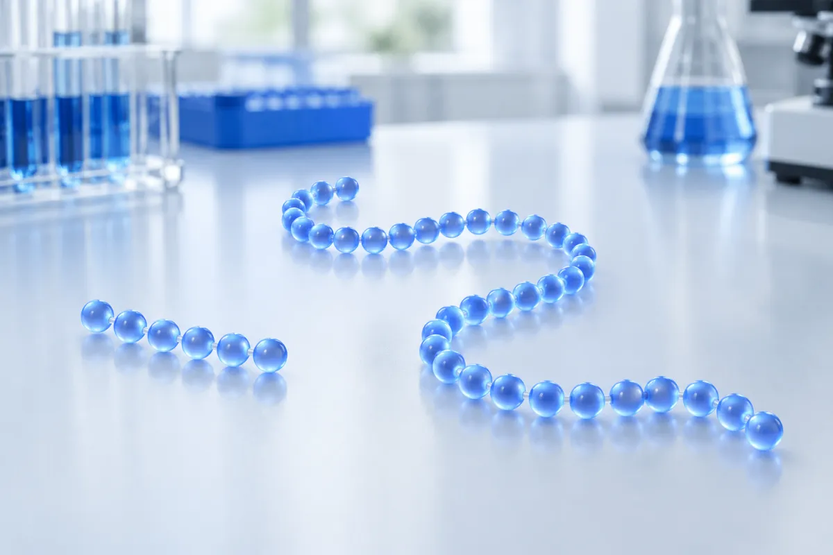 Abstract visualisation of a short chain of seven glowing beads beside a much longer chain, on a white laboratory surface