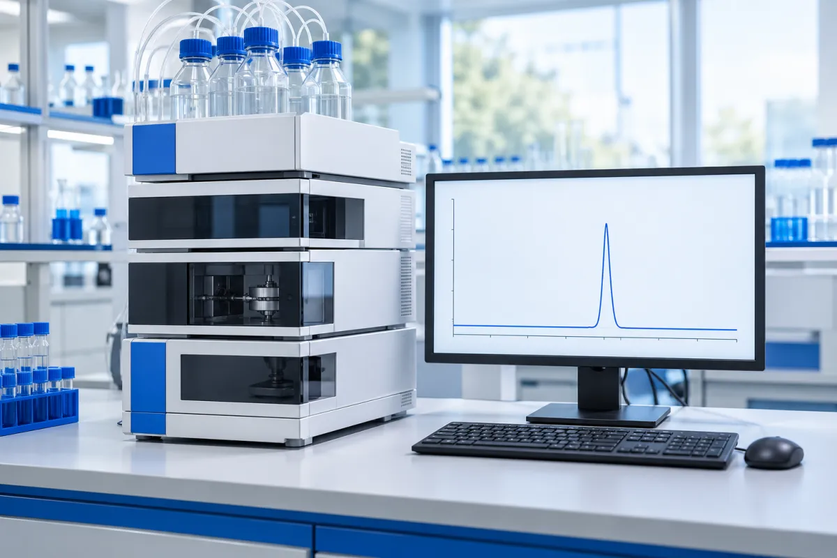 An HPLC system with a chromatogram showing a single sharp peak on the monitor, in a bright laboratory