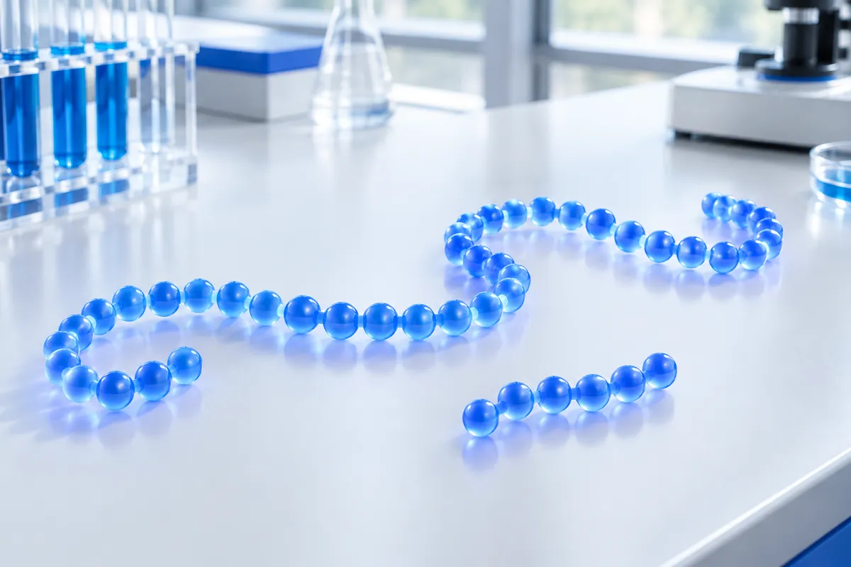 Two abstract peptide chains of glowing beads, one long and one short, on a white laboratory bench